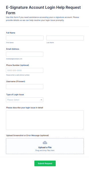E Signature Account Login Help Request Form Template