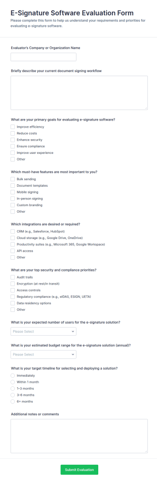 E Signature Software Evaluation Form Template