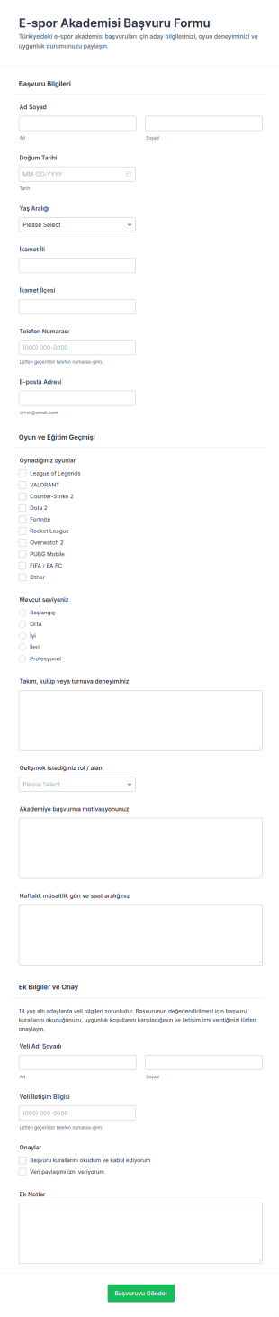 E Spor Akademisi Başvuru Form Şablonu