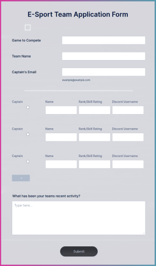 E Sport Team Application Form Template