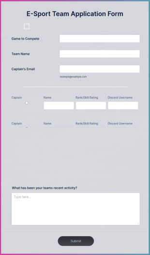 E Sport Team Application Form Template