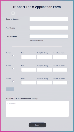 E Sport Team Application Form Template