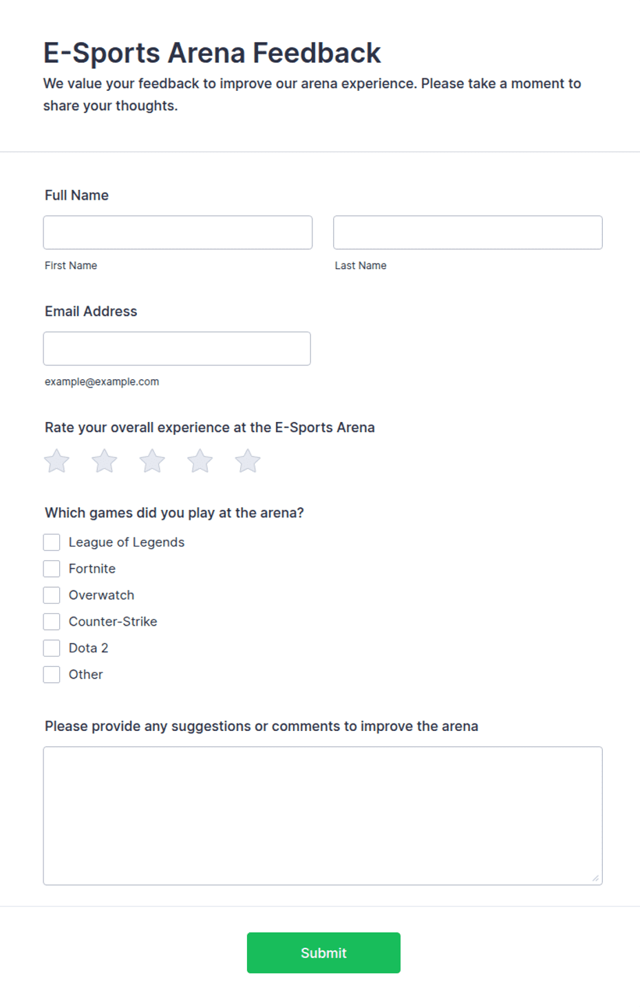 E-Sports Arena Feedback Form Template | Jotform