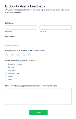 E Sports Arena Feedback Form Template