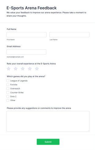 E Sports Arena Feedback Form Template