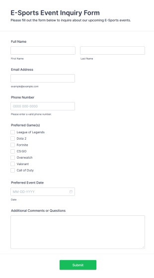 E Sports Event Inquiry Form Template