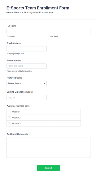 E Sports Team Enrollment Form Template