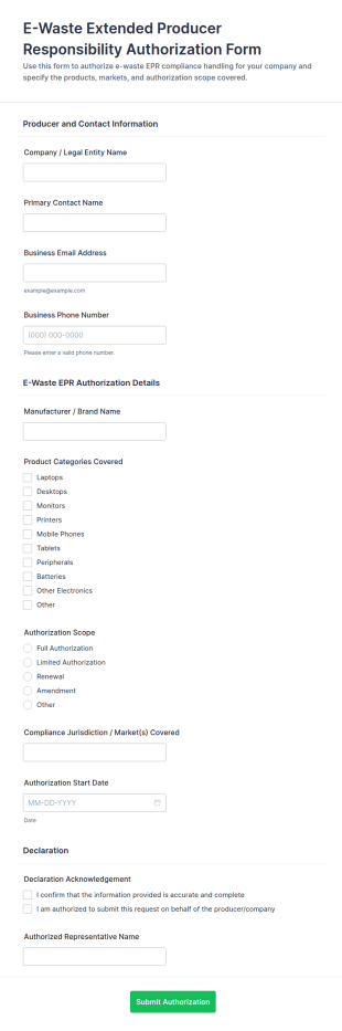 E Waste Extended Producer Responsibility (EPR) Authorization Form Template