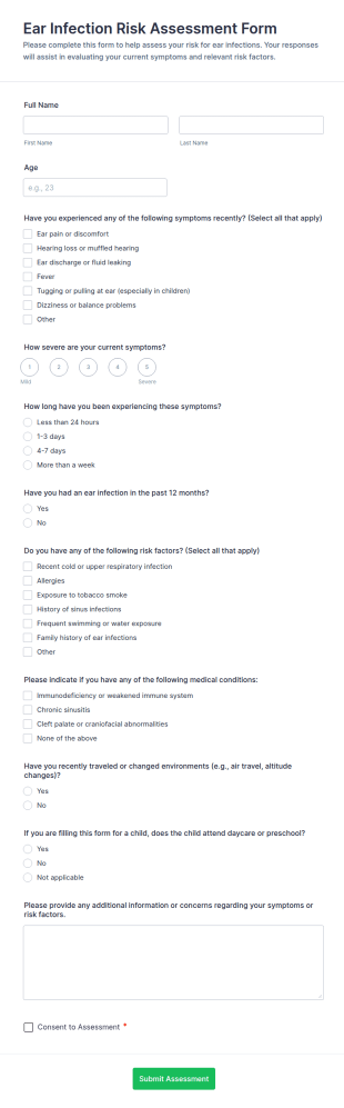 Ear Infection Risk Assessment Form Template