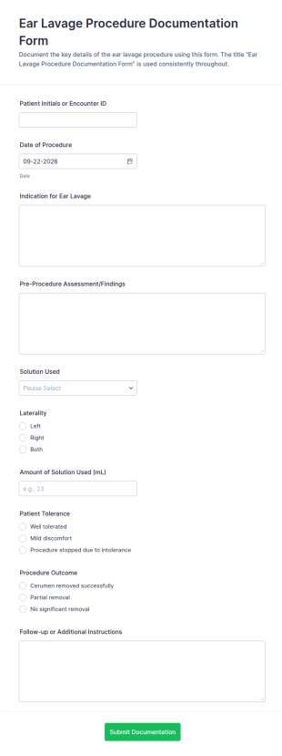 Ear Lavage Procedure Documentation Form Template