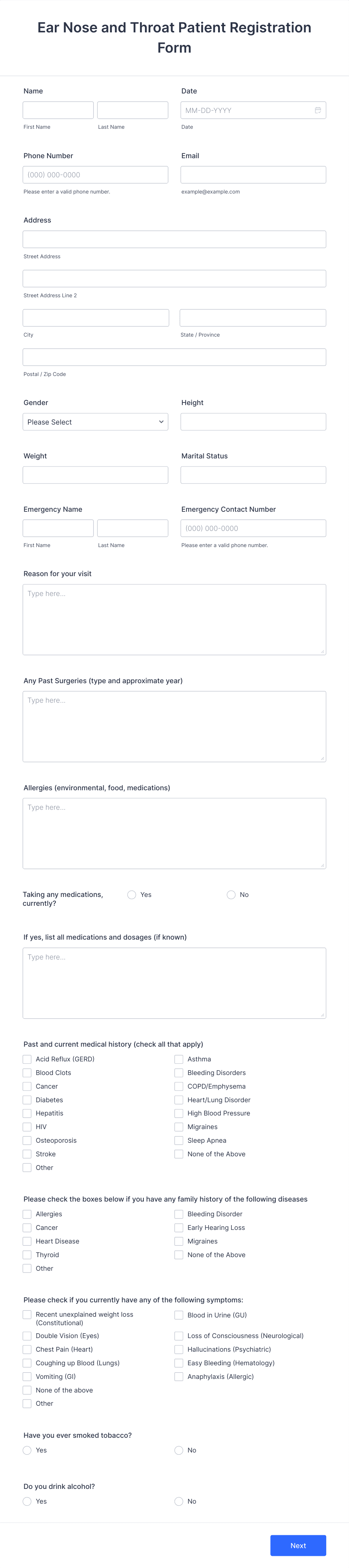 Ear Nose and Throat Patient Registration Form Template | Jotform