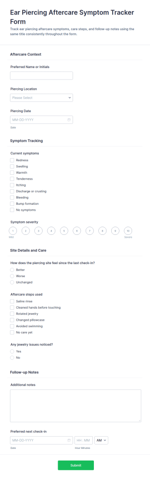 Ear Piercing Aftercare Symptom Tracker Form Template
