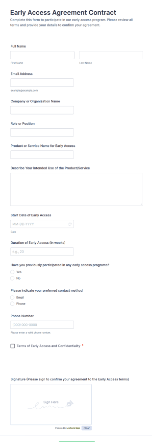 Early Access Agreement Contract Form Template