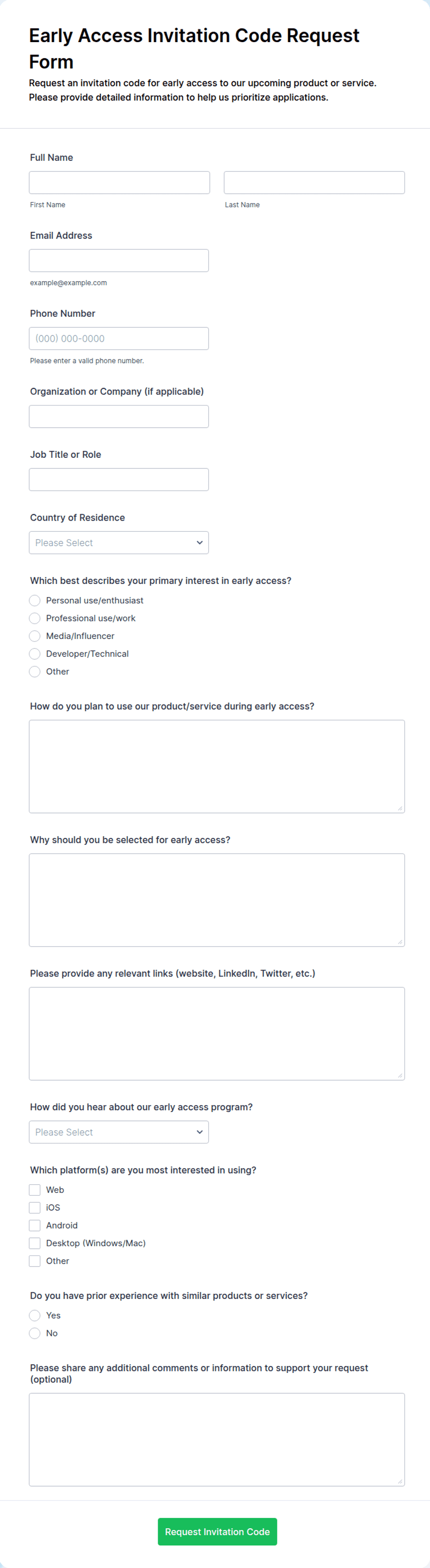 Early Access Invitation Code Request Form Template | Jotform