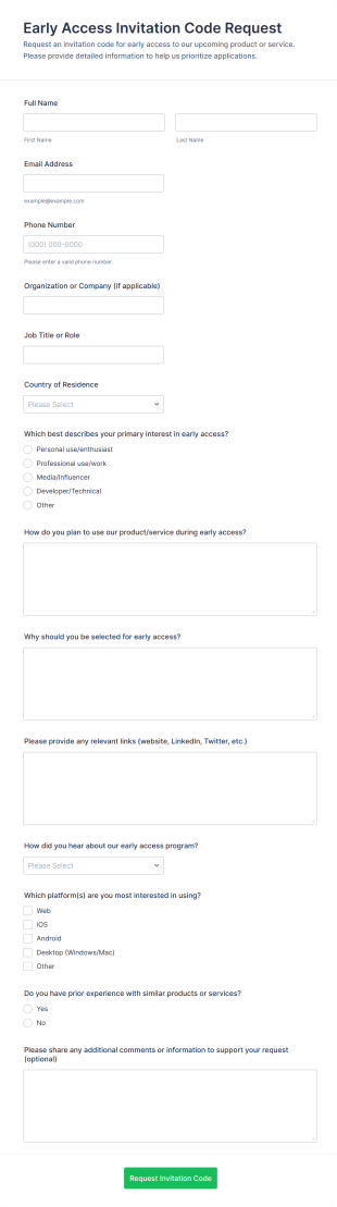 Early Access Invitation Code Request Form Template