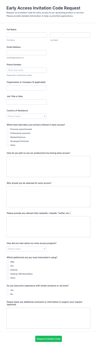 Early Access Invitation Code Request Form Template