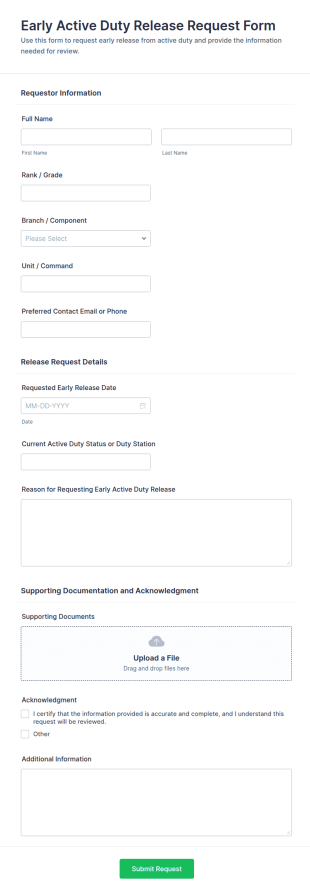 Early Active Duty Release Request Form Template