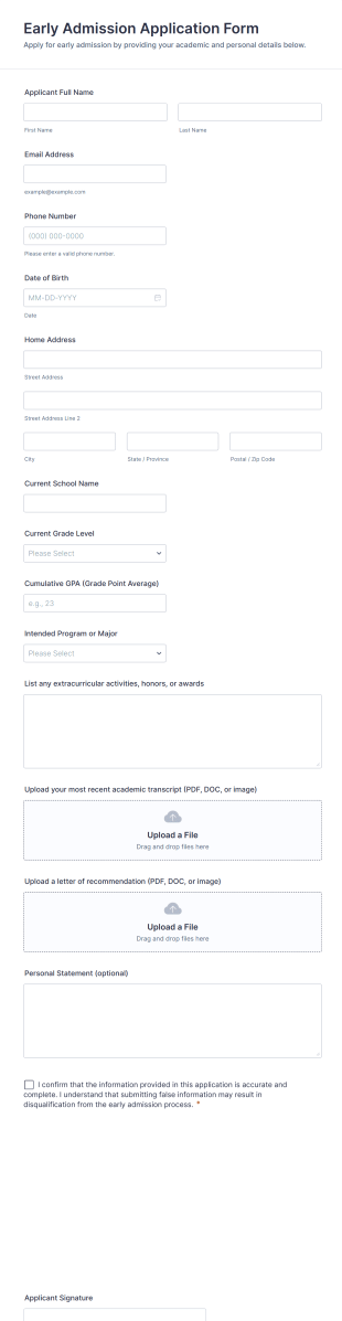 Early Admission Application Form Template