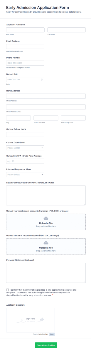 Early Admission Application Form Template