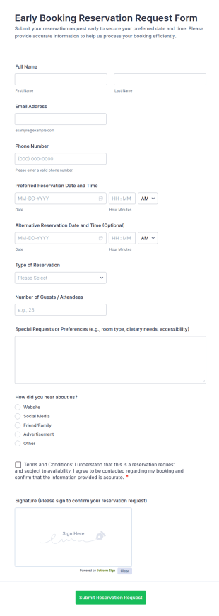 Early Booking Reservation Request Form Template