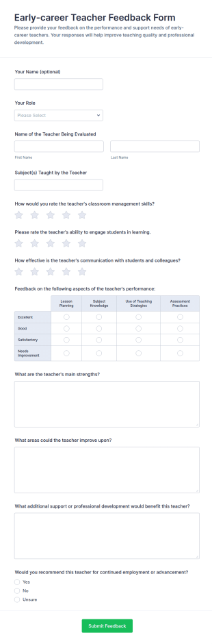 Early Career Teacher Feedback Form Template