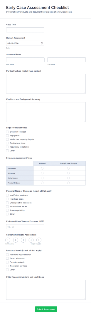Early Case Assessment Checklist Form Template