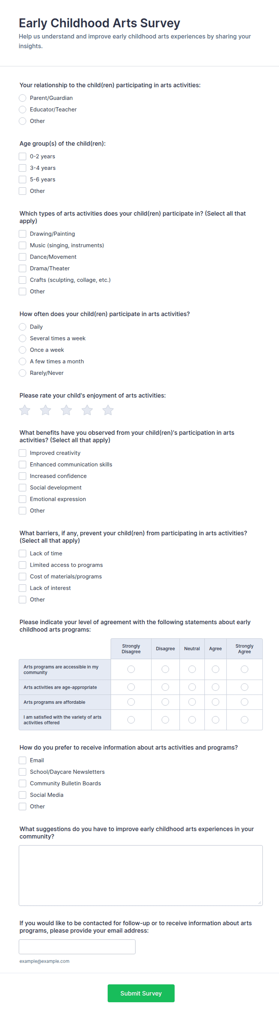 Early Childhood Arts Survey Form Template | Jotform