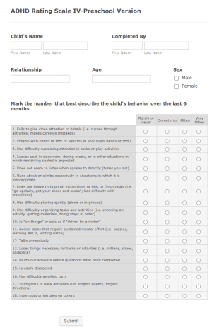 Early Childhood Behavior Questionnaire Form Template