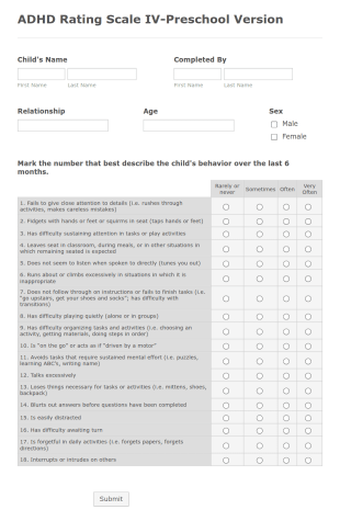 Early Childhood Behavior Questionnaire Form Template
