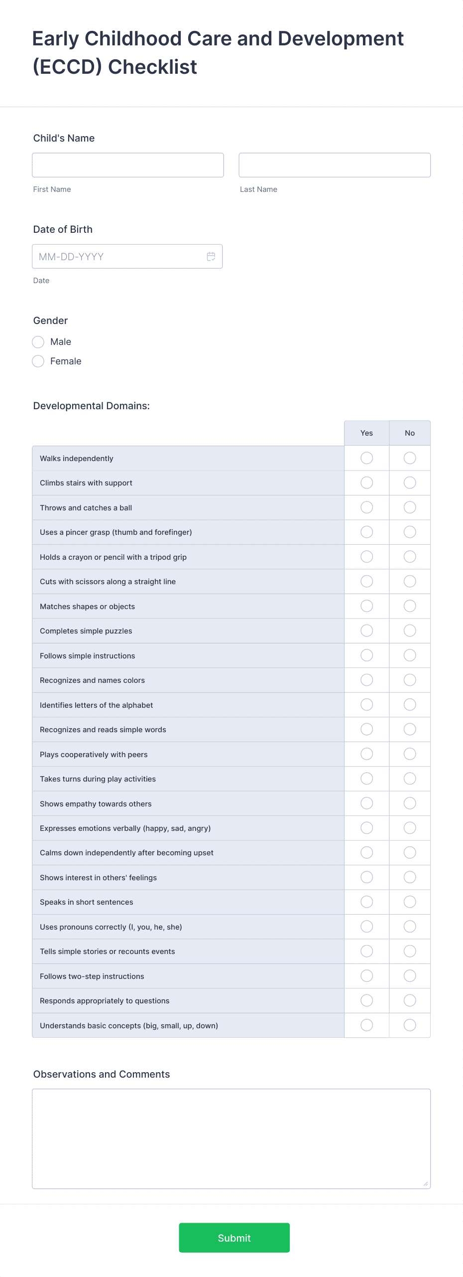 Early Childhood Care and Development (ECCD) Checklist Form Template ...