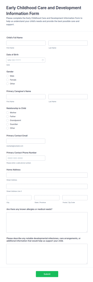 Early Childhood Care And Development Information Form Template