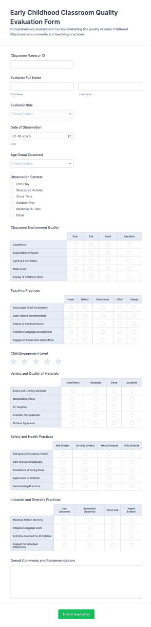 Early Childhood Classroom Quality Evaluation Form Template