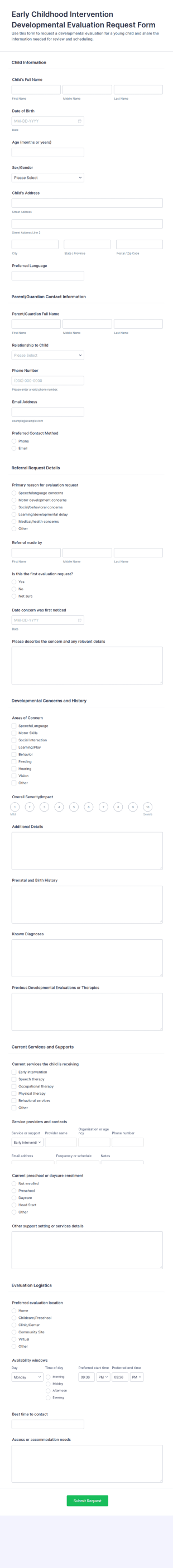 Early Childhood Intervention Developmental Evaluation Request Form Template