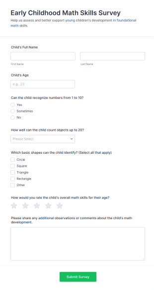 Early Childhood Math Skills Survey Form Template