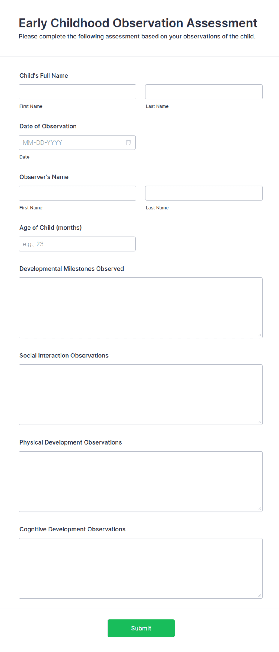 Observation Testing Form Early Childhood Observation Assessment Form Template | Jotform