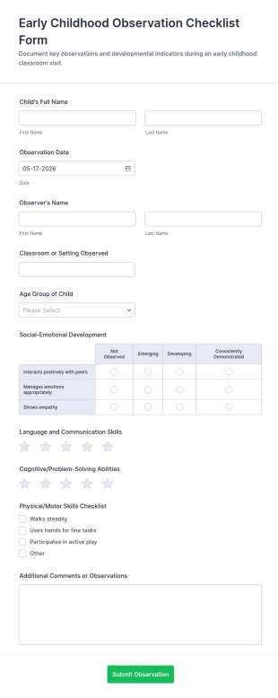 Early Childhood Observation Checklist Form Template