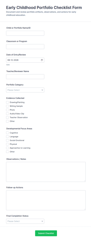 Early Childhood Portfolio Checklist Form Template