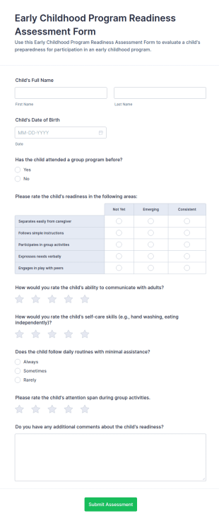 Early Childhood Program Readiness Assessment Questionnaire Form Template