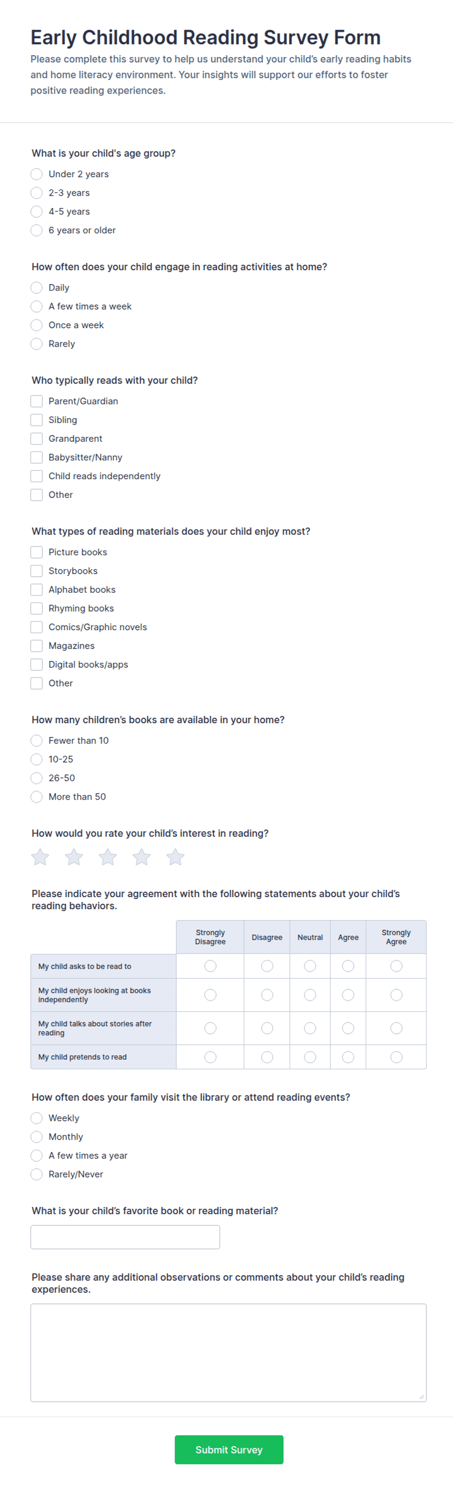 Early Childhood Reading Survey Form Template | Jotform