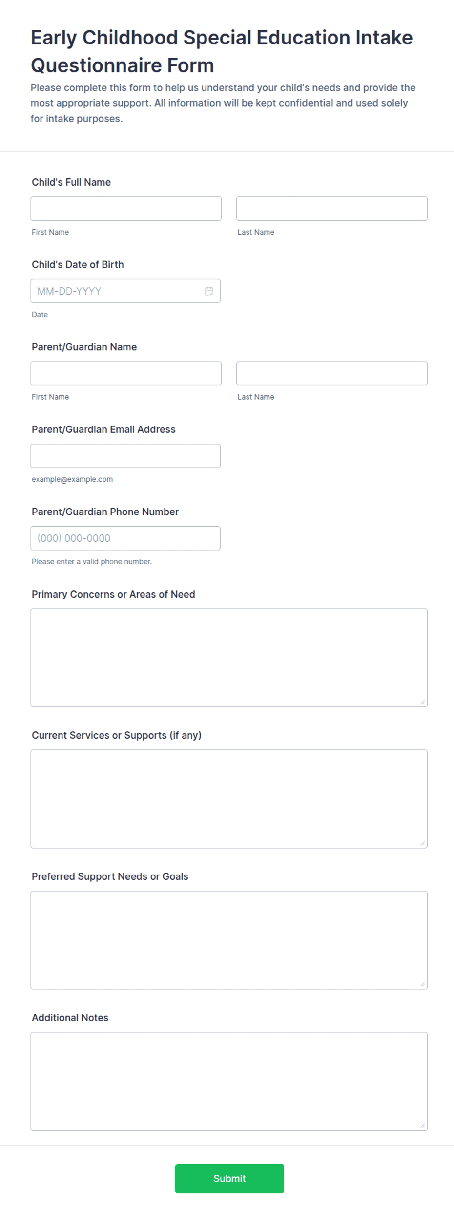 Early Childhood Special Education Intake Questionnaire Form Template ...