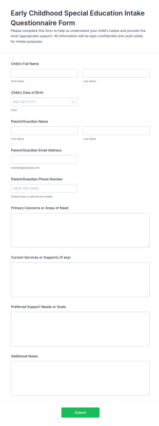Early Childhood Special Education Intake Questionnaire Form Template