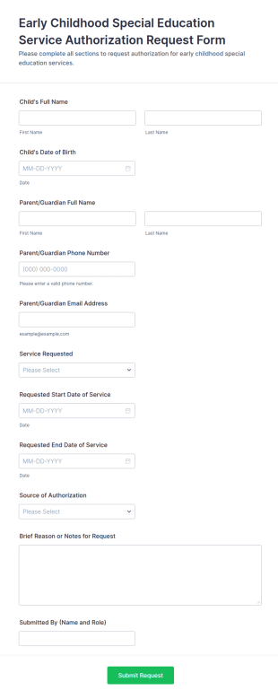 Early Childhood Special Education Service Authorization Request Form Template