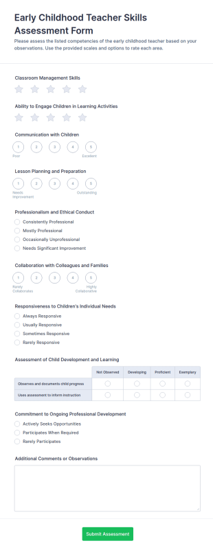Early Childhood Teacher Skills Assessment Form Template