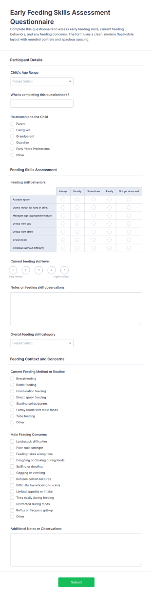 Early Feeding Skills Assessment Questionnaire Form Template