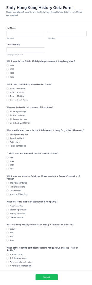 Early Hong Kong History Quiz Form Template