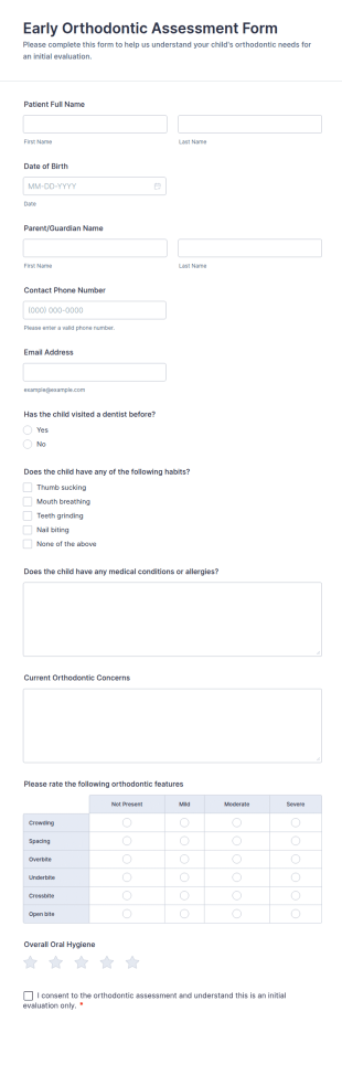 Early Orthodontic Assessment Form Template