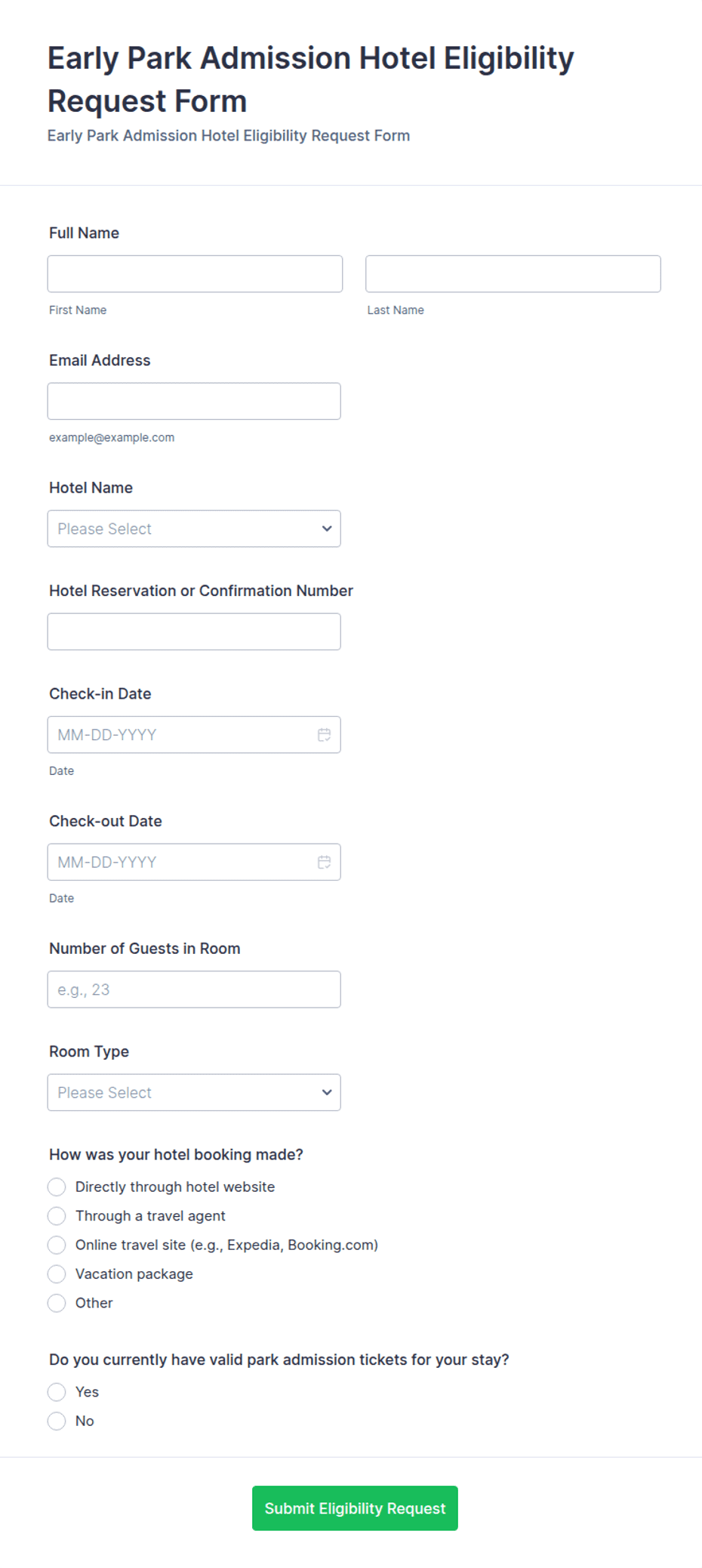 Early Park Admission Hotel Eligibility Request Form Template | Jotform