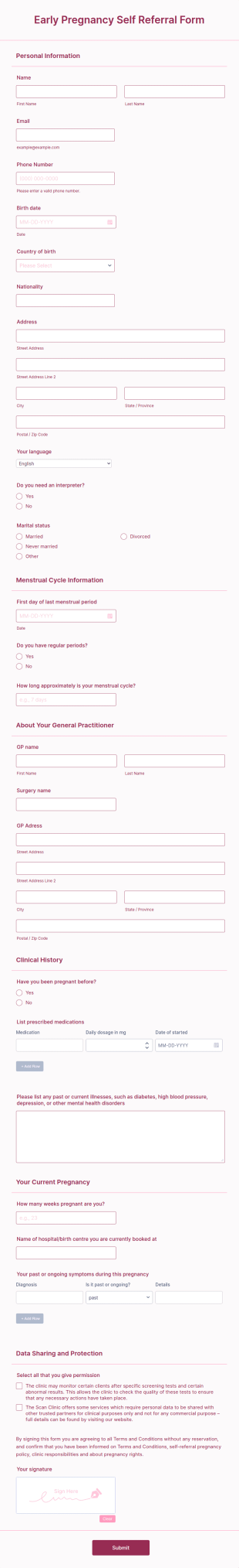 Early Pregnancy Self Referral Form Template