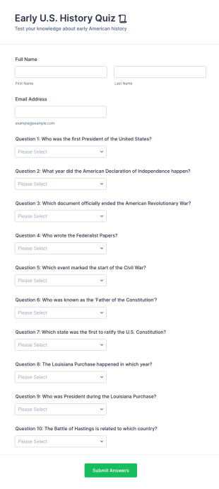 Early U.S. History Quiz 📜 Form Template