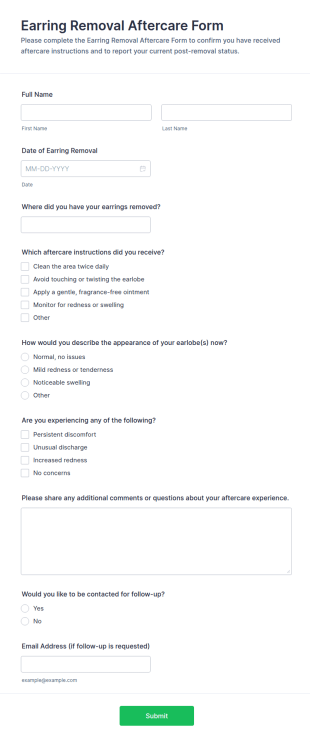 Earring Removal Aftercare Form Template